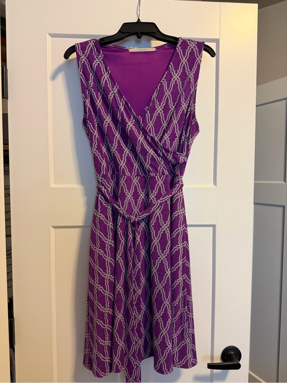 Hawthorn Purple Sleeveless Wrap Dress with White Geometric Print